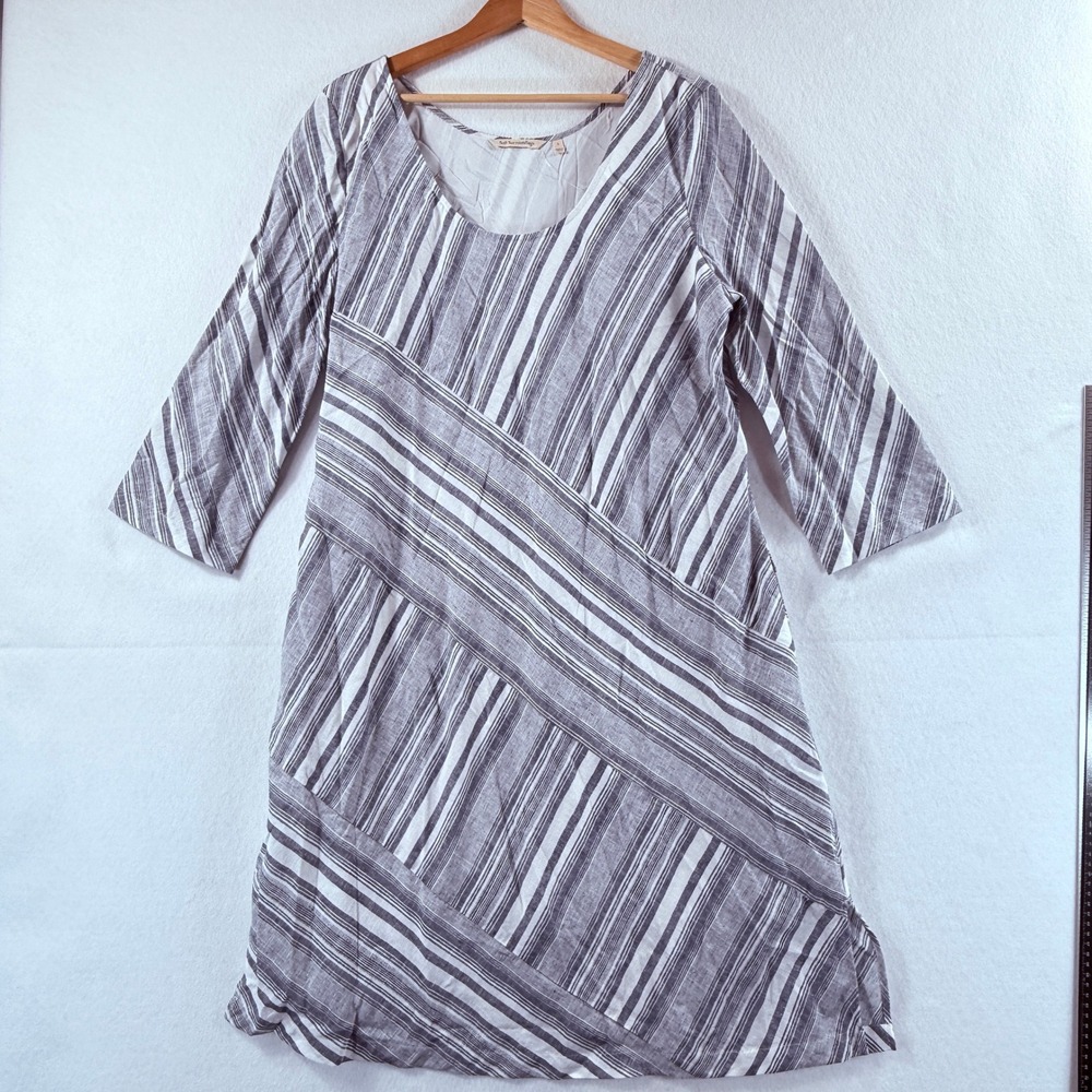 NEW Soft Surroundings Striped Dress Womens Large Grey White Coastal Linen Blend